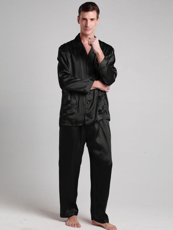 Pyjama en Soie pour Homme Longue Bordure Contraste "Noir" | Pyjama Shop