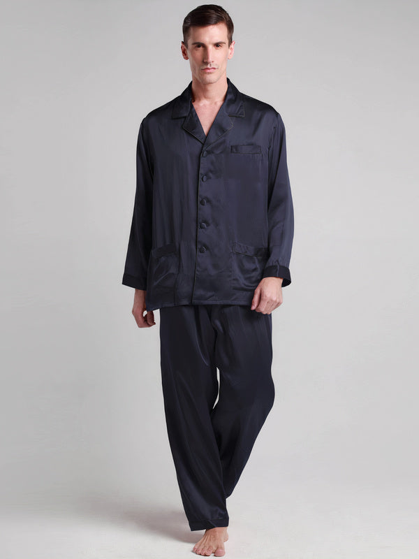 Pyjama en Soie pour Homme Longue Bordure Contraste "Bleu Marine" | Pyjama Shop