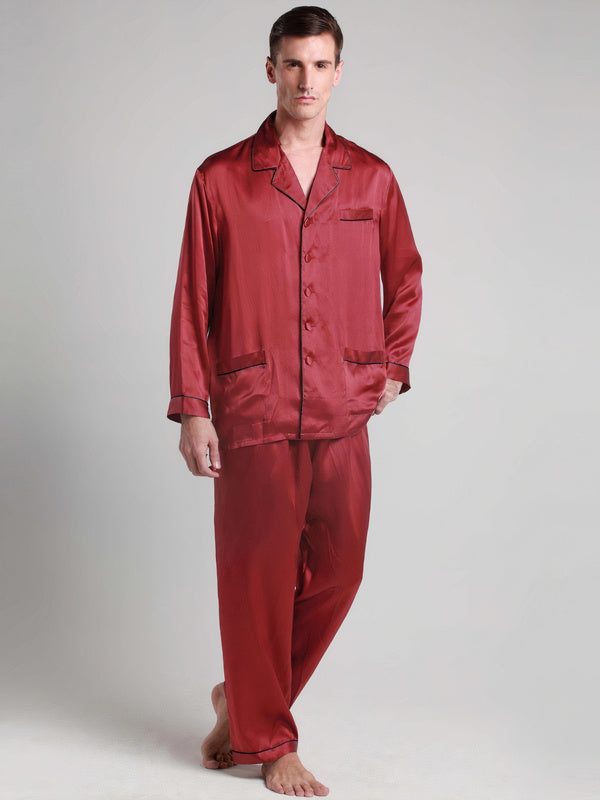 Pyjama en Soie pour Homme Longue Bordure Contraste "Rouge" | Pyjama Shop