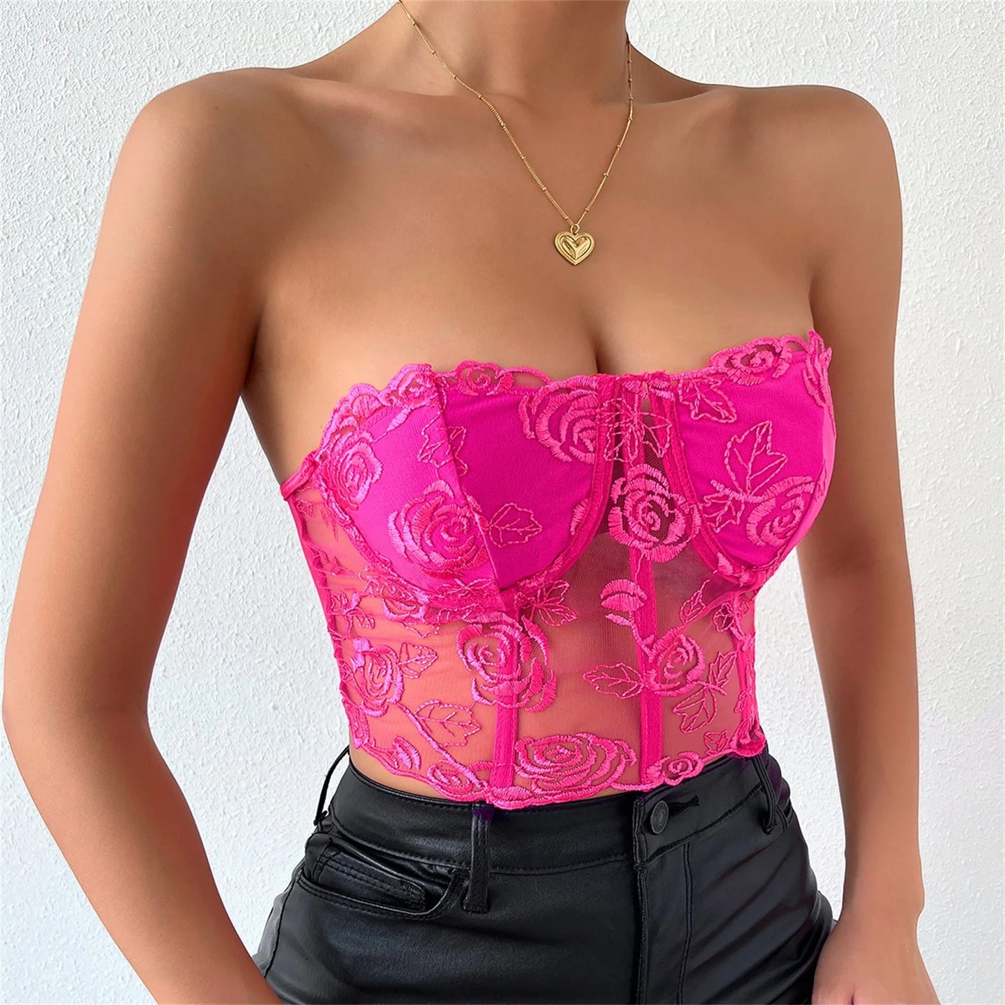 Crop top dentelle rose
