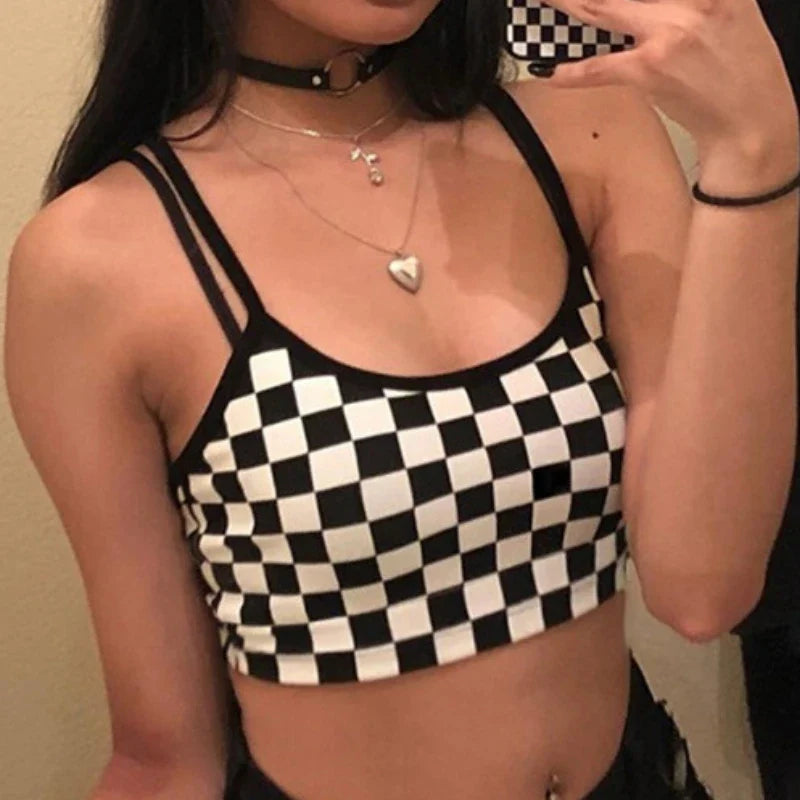 Crop top a carreaux noir et blanc