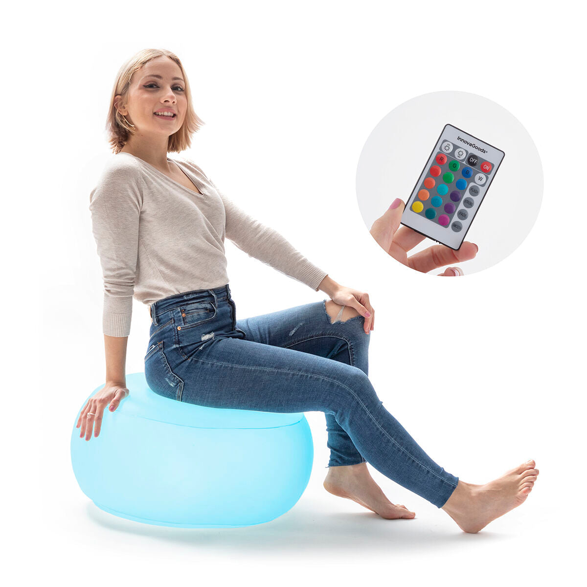 Coussin pouf gonflable LED multicolore avec télécommande