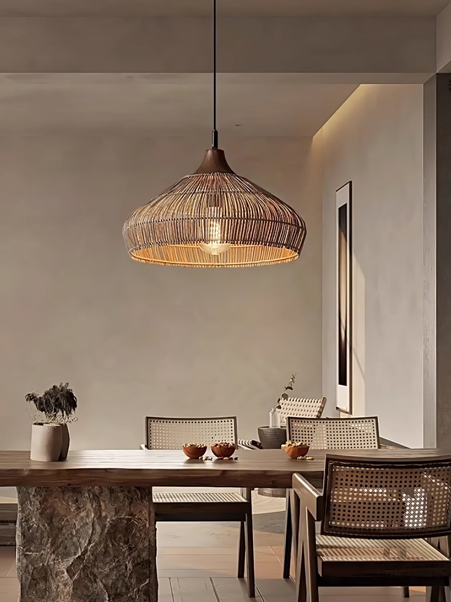 Suspension Wicker Rattan avec Abat-jour en Bois et Rattan - Éclairage LED