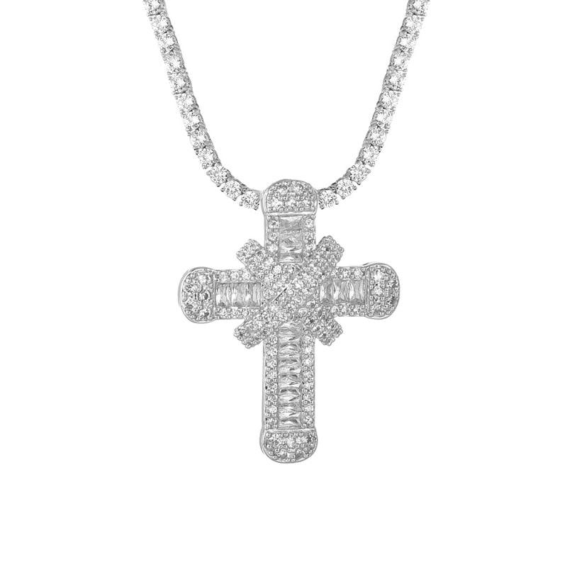 Collier chaîne pendentif croix religieuse en diamants ronds plaqué or / argent - MonPendentif