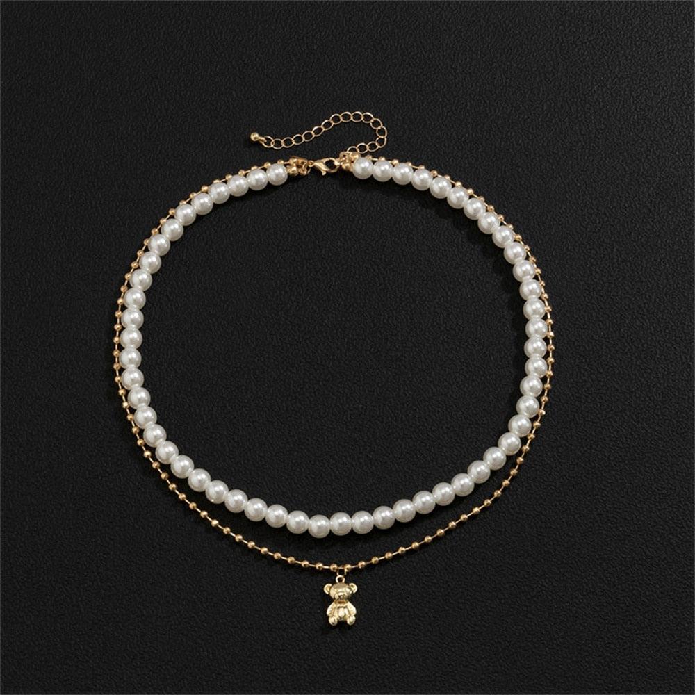 Collier double avec pendentif ourson avec perles - MonPendentif