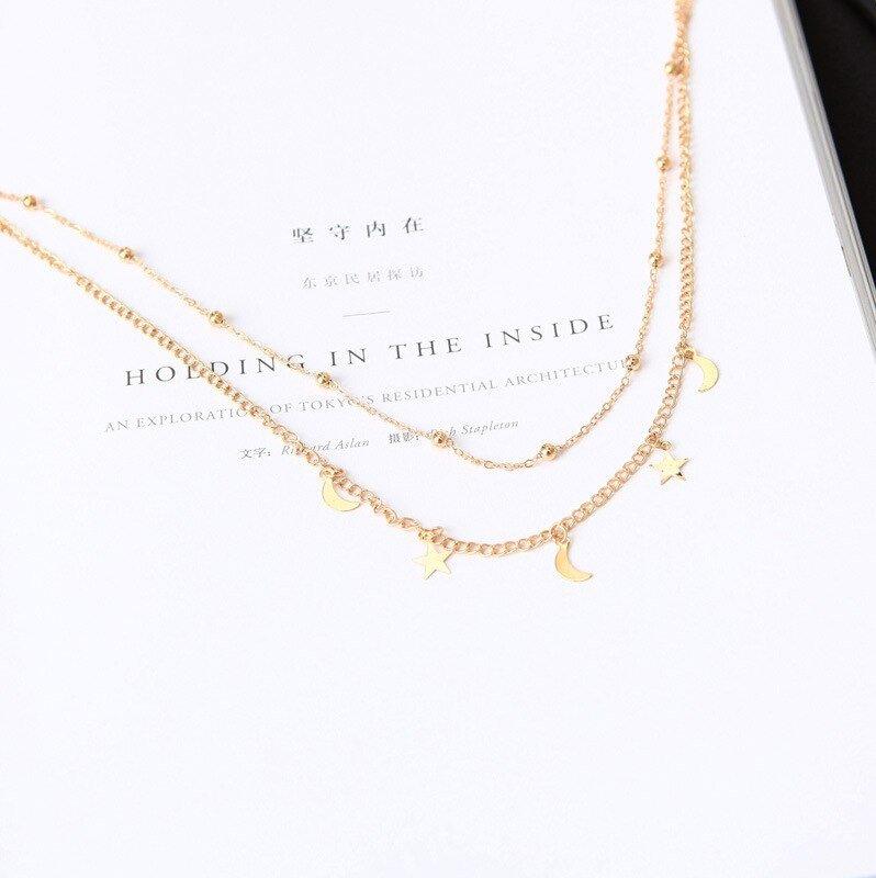Collier double chaîne pendentif lunes et étoiles plaqué or / argent
