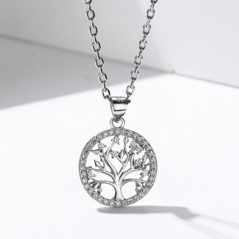 Collier pendentif arbre de vie rond en argent 925 avec strass