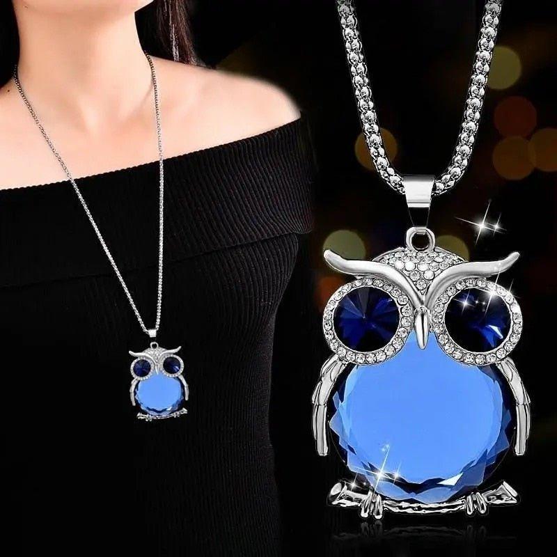 Collier pendentif chouette en cristal bleu ou blanc