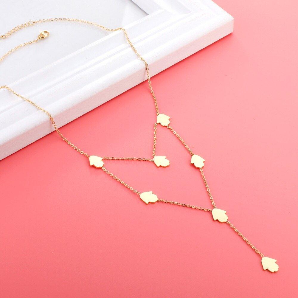 Collier pendentif double chaîne en V mains de fatma plaqué or
