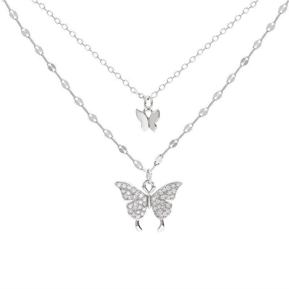 Collier pendentif double papillon plaqué argent