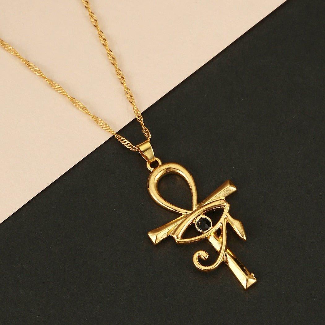 Collier pendentif égyptien croix œil d'Horus plaqué or / argent