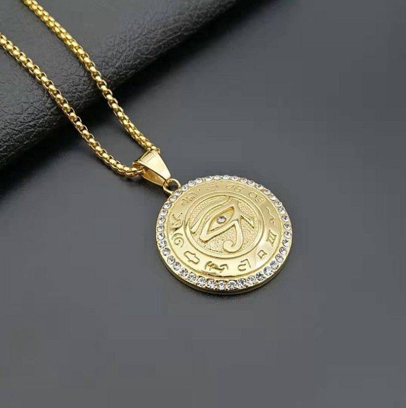 Collier pendentif égyptien oeil d'Horus grand médaillon rond - MonPendentif