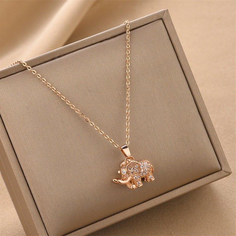 Collier pendentif éléphant relief strass plaqué or / or rose - MonPendentif