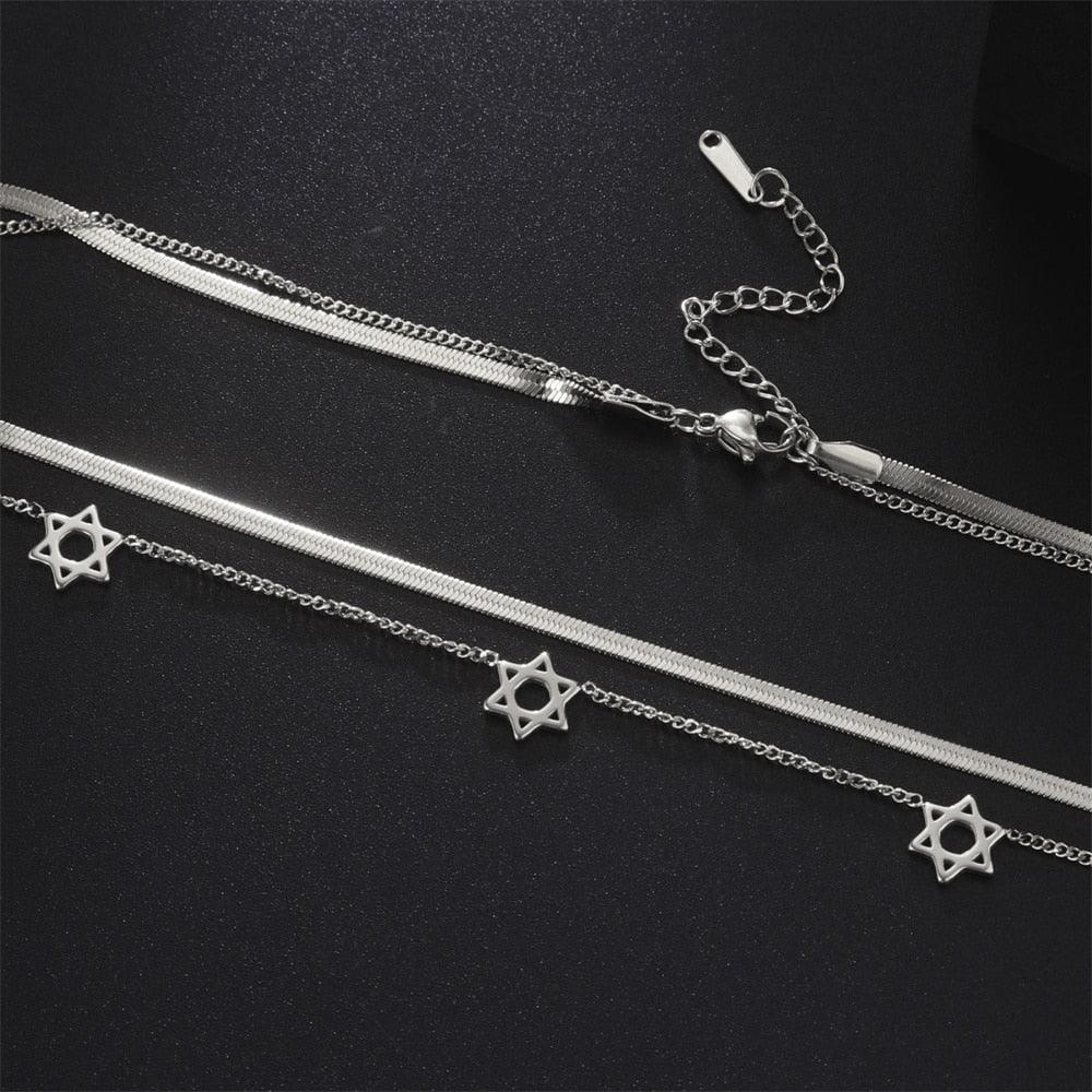 Collier pendentif étoile de David double couche ras de cou plaqué or / argent