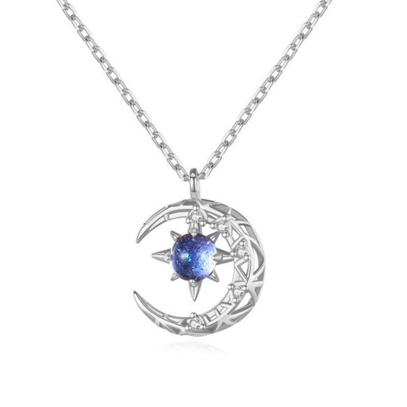 Collier pendentif lune et étoile avec cristal bleu et strass - MonPendentif