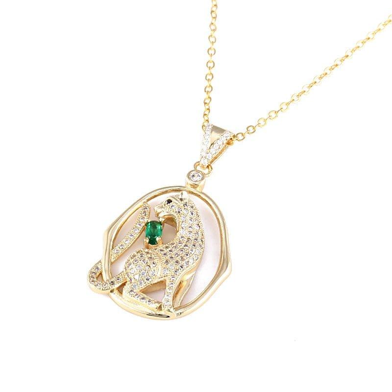 Collier pendentif panthère émeraude et strass plaqué or / or rose / argent - MonPendentif