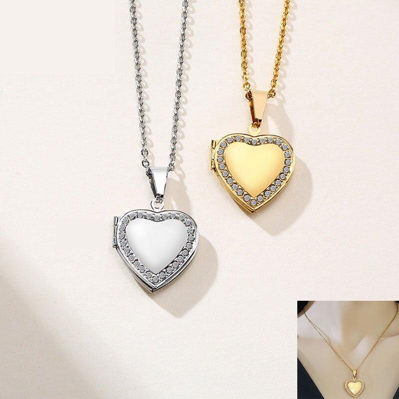 Collier pendentif porte photo coeur plaqué or / argent avec strass