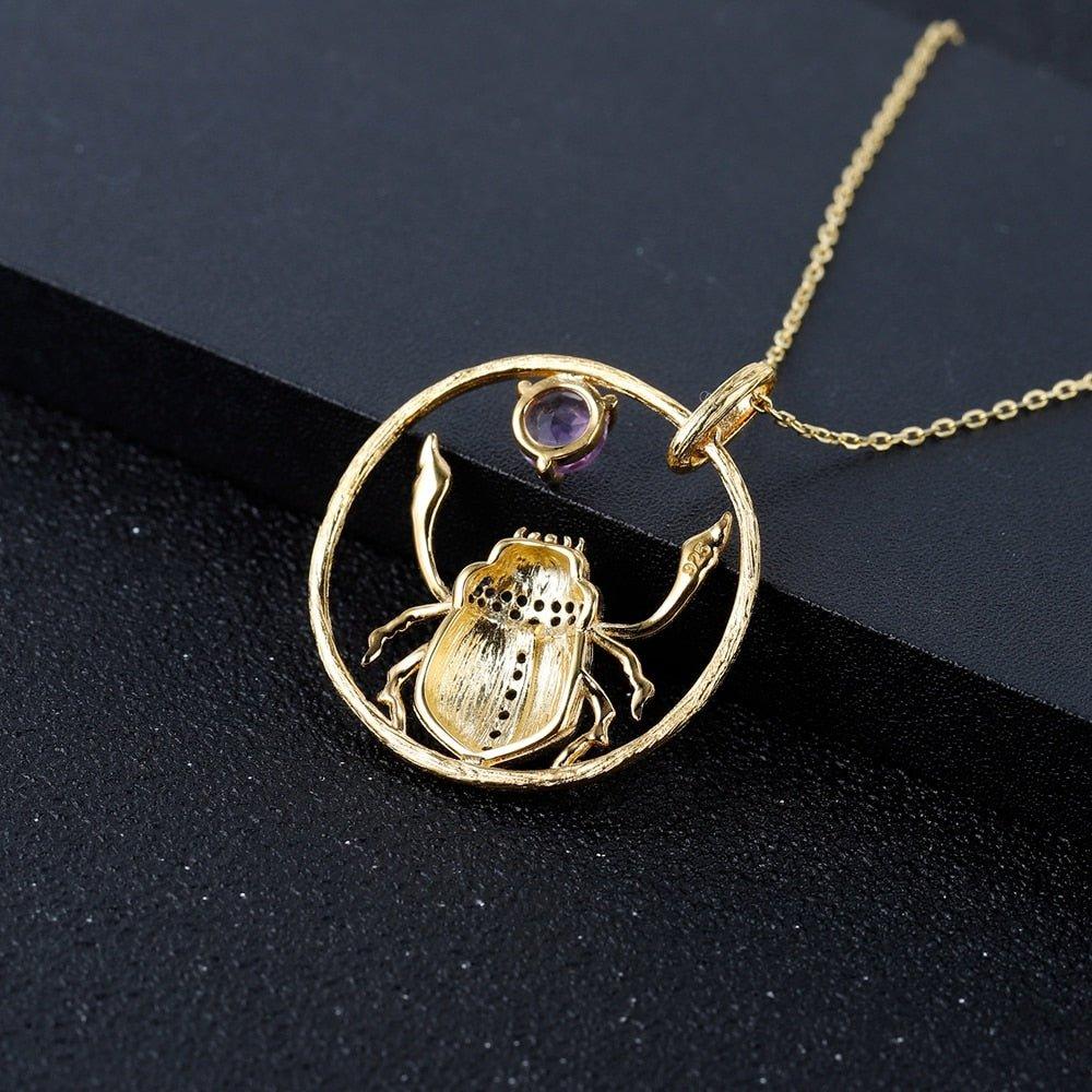 Collier pendentif scarabée en améthyste dans un anneau en argent sterling 925 plaqué or 18K