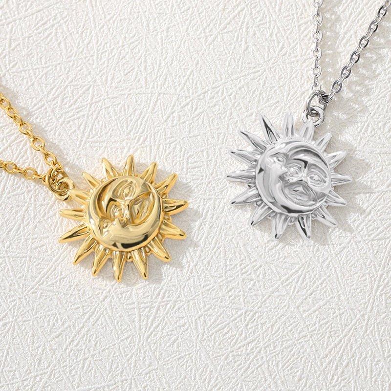Collier pendentif soleil et lune relief plaqué or / or rose / argent