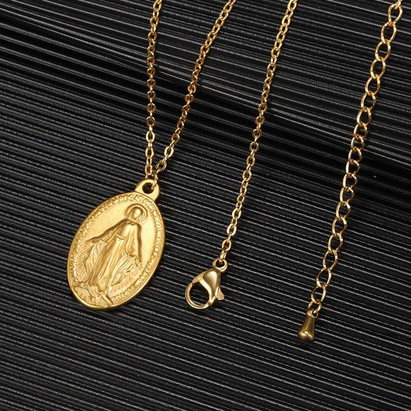 Collier pendentif Vierge Marie plat plaqué or / argent