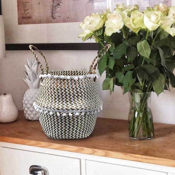 Panier à Linge Jonc de Mer Pompons Blancs