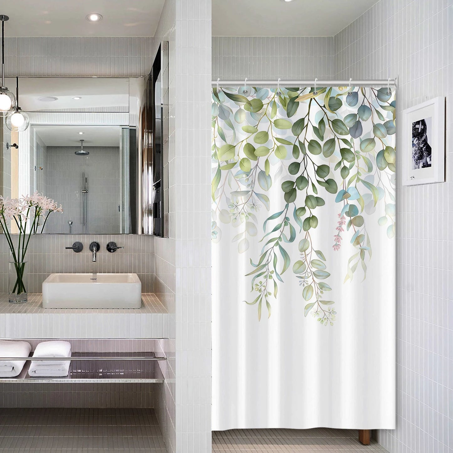 Rideau de Douche Imperméable avec Imprimé de Feuilles Vertes