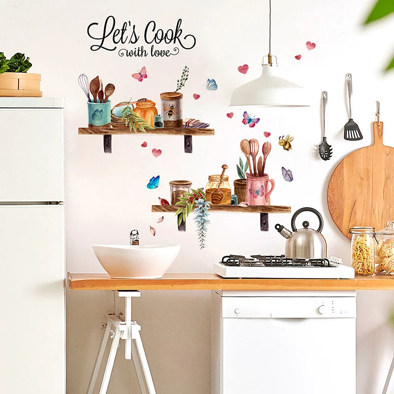 Sticker Cuisine en Forme d'Étagères avec des Ustensiles et des Papillons