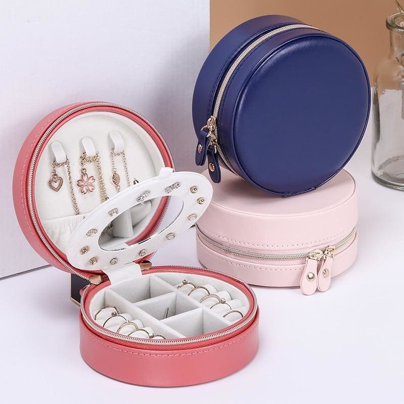 Trousse à bijoux de voyage en cuir ronde