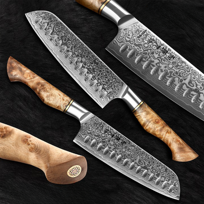 Ensemble de cinq couteaux japonais en acier damassé