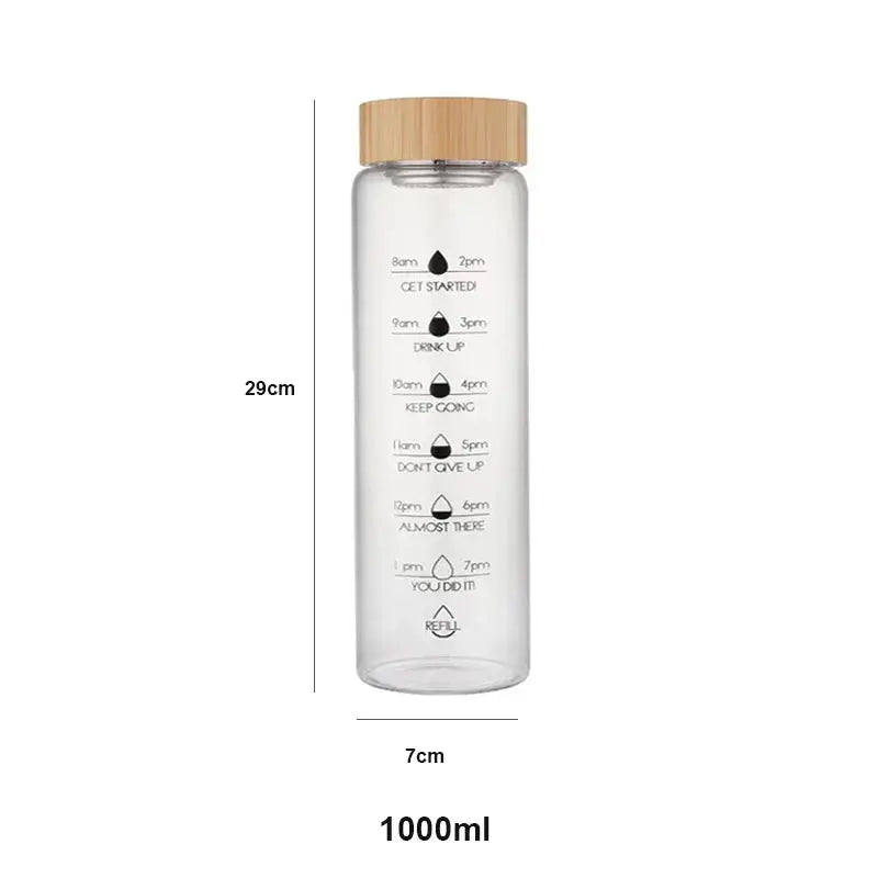 Bouteille d'eau en verre de 1L avec indicateur de temps