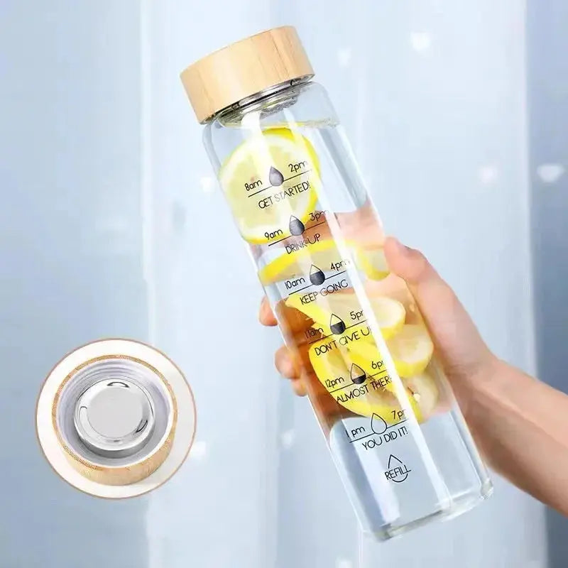 Bouteille d'eau en verre de 1L avec indicateur de temps