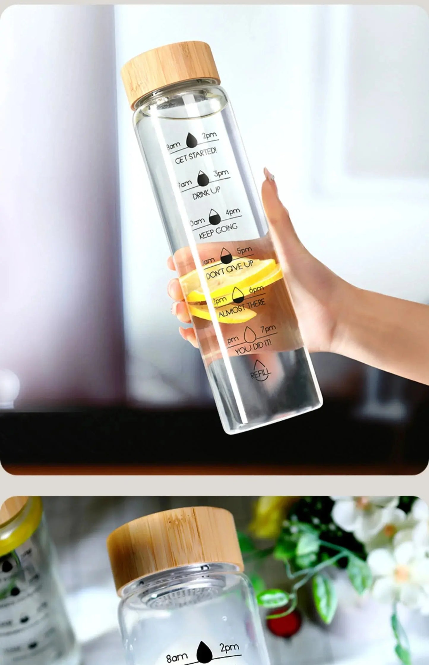 Bouteille d'eau en verre de 1L avec indicateur de temps