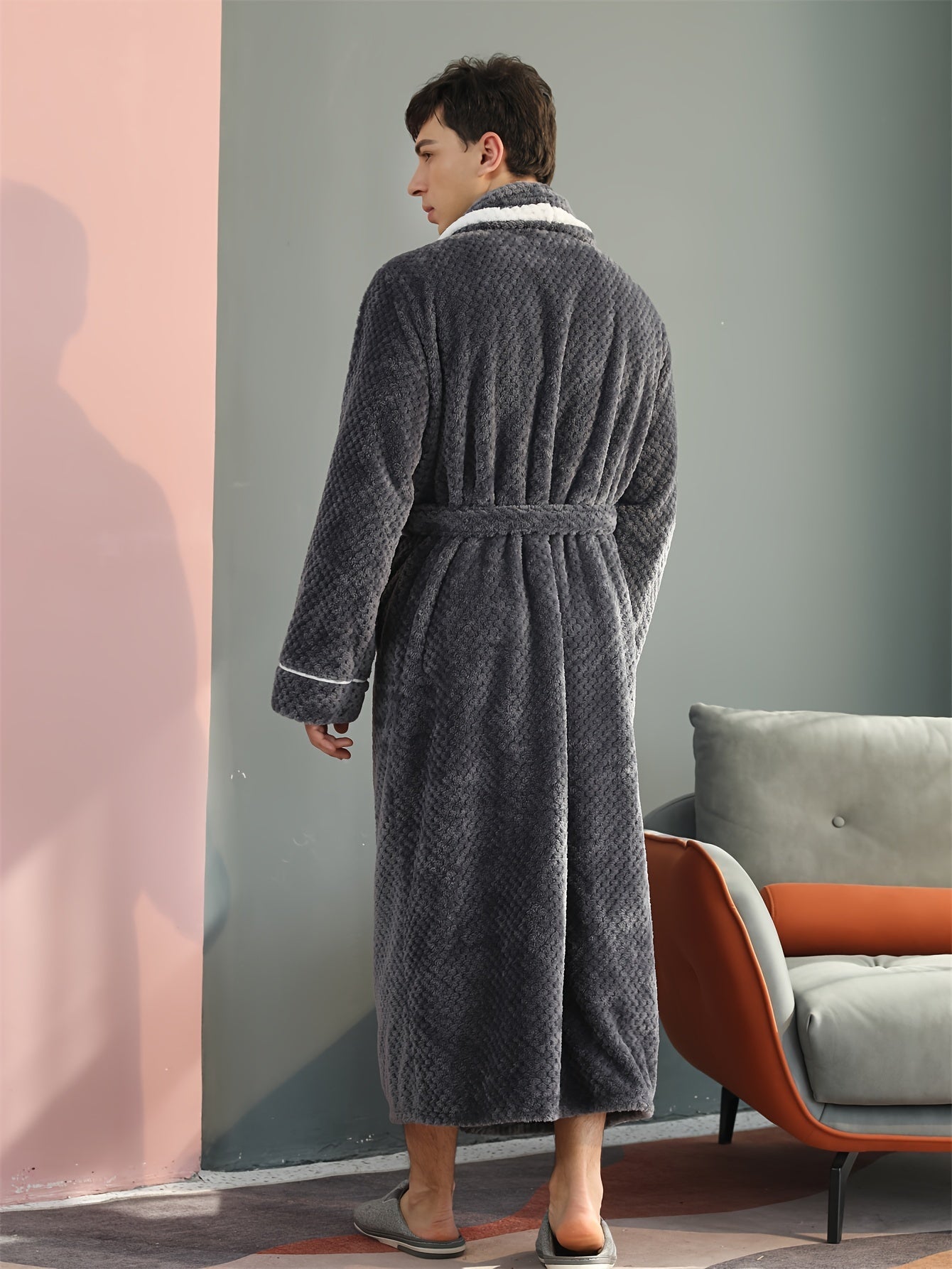 Peignoir homme long en velours effet nid d’abeille avec col châle