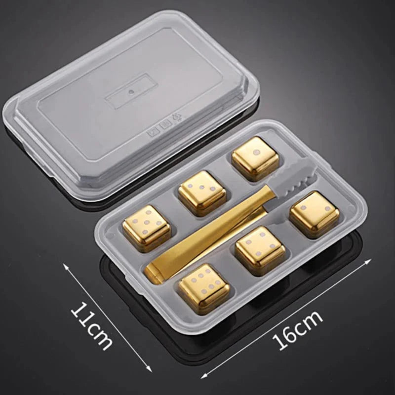 6 Glaçons réutilisables inox doré en forme de Dés à jouer - motifs Poker