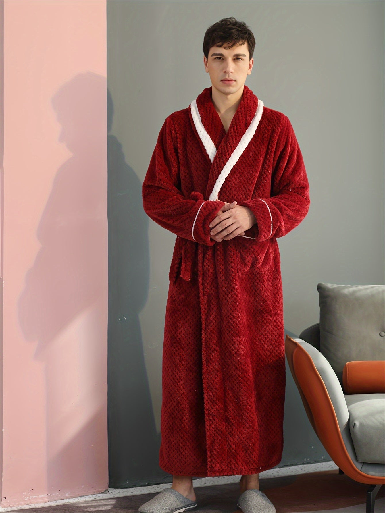 Peignoir homme long en velours effet nid d’abeille avec col châle