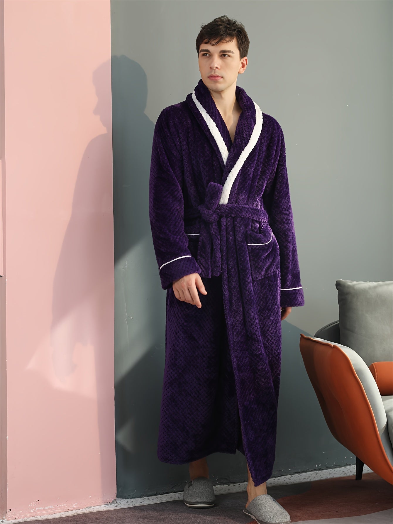Peignoir homme long en velours effet nid d’abeille avec col châle
