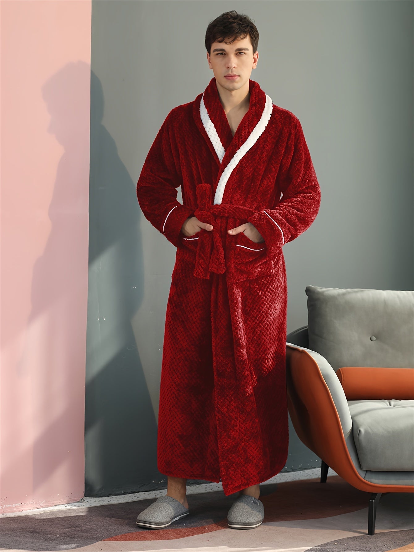 Peignoir homme long en velours effet nid d’abeille avec col châle