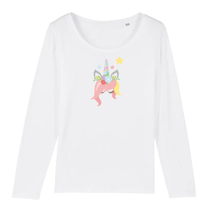 T shirt Manches longues Femme Licorne avec des fleurs sur la tête