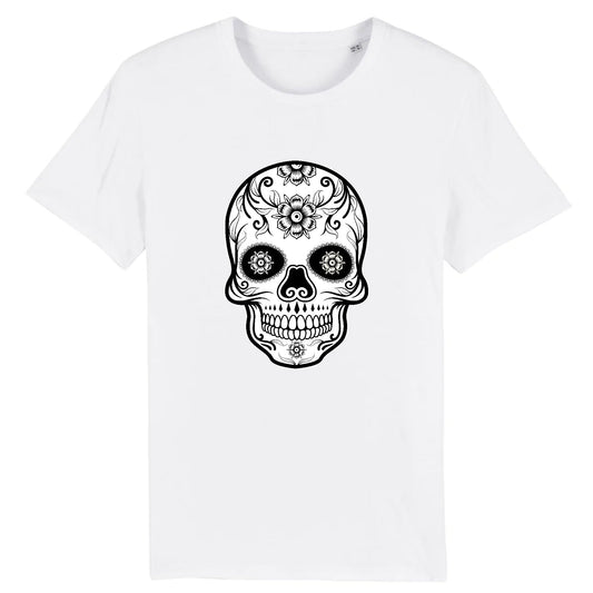 T shirt tete de mort mexicaine blanc noir
