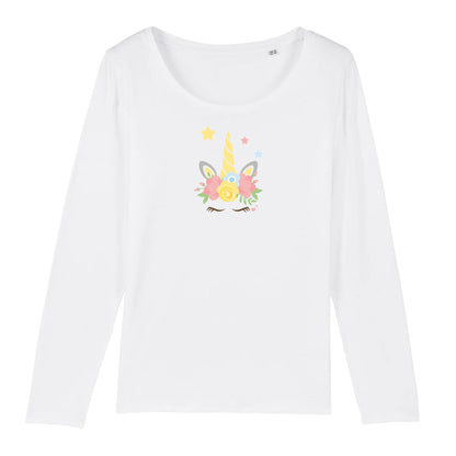 T shirt Manches longues Femme Licorne couronne fleurs