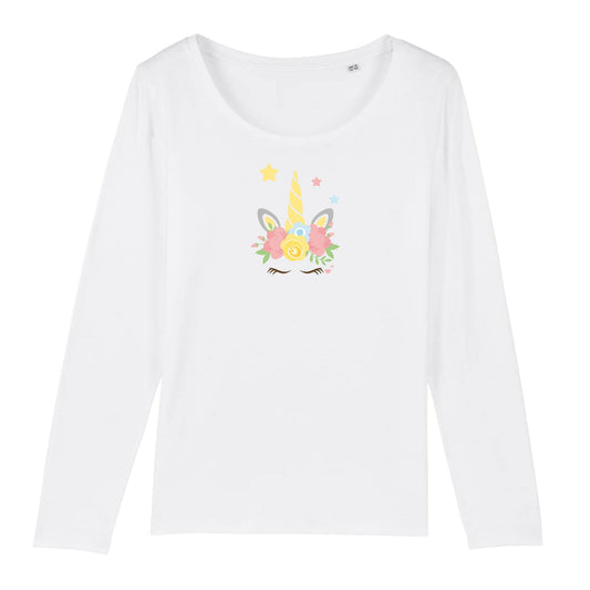 T shirt Manches longues Femme Licorne couronne fleurs