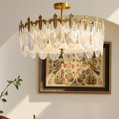 Chandelier Rond en Verre avec Motif Décoratif - Lampe Suspendue Élégante