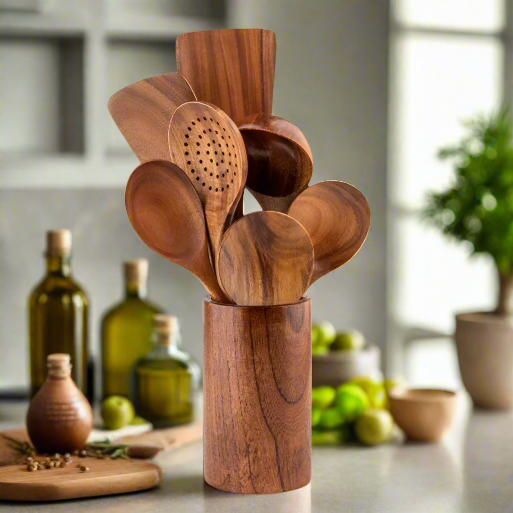 Ensemble d’Ustensiles en Bois Terra | Élégance et Durabilité pour votre Cuisine