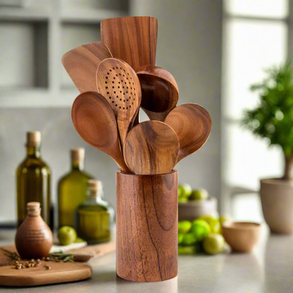 Ensemble d’Ustensiles en Bois Terra | Élégance et Durabilité pour votre Cuisine