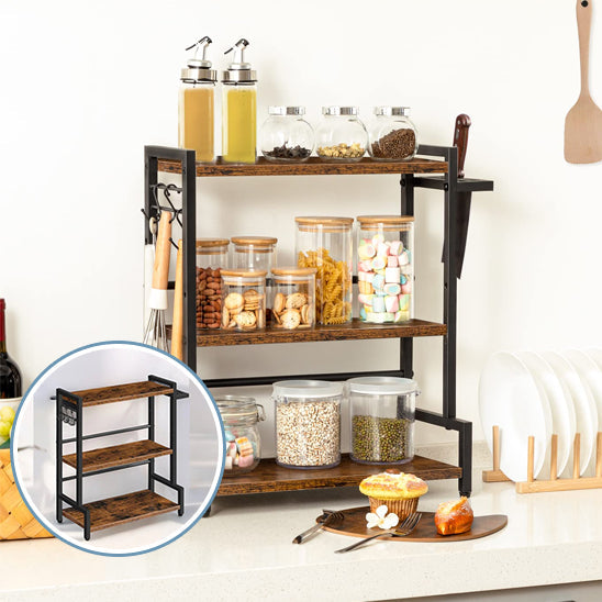 Etagère à épices à trois niveaux avec crochets et supports latéraux