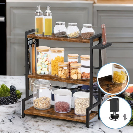 Etagère à épices à trois niveaux avec crochets et supports latéraux
