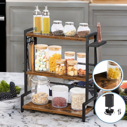 Etagère à épices à trois niveaux avec crochets et supports latéraux