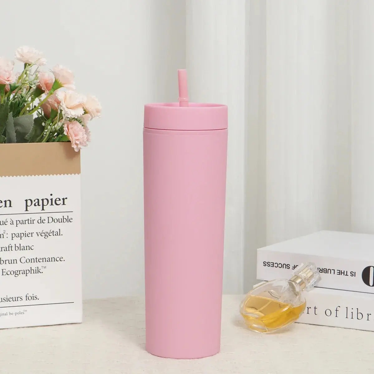 Gobelet Plastique Avec Paille Intégrée Rose 500ml