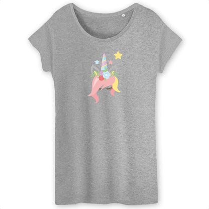 T shirt Femme Licorne avec des fleurs sur la tête