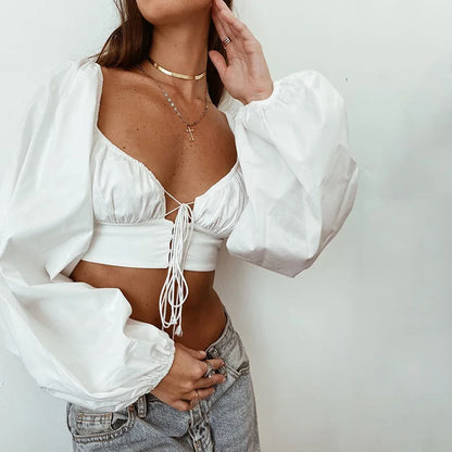Crop top blanc manche longue